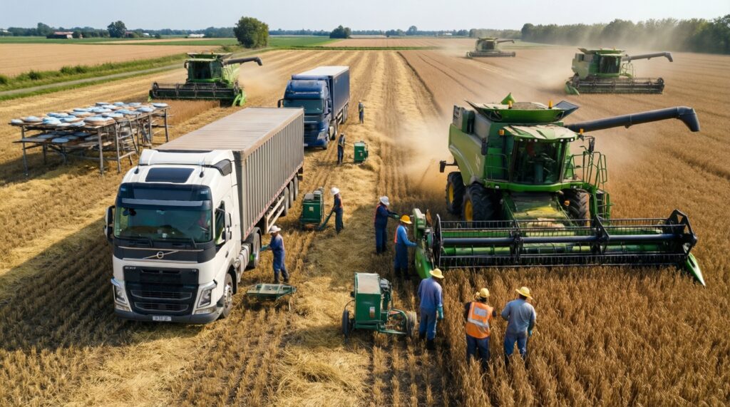 Сельское хозяйство области: посевная/уборочная, урожай и поддержка фермеров - иллюстрация